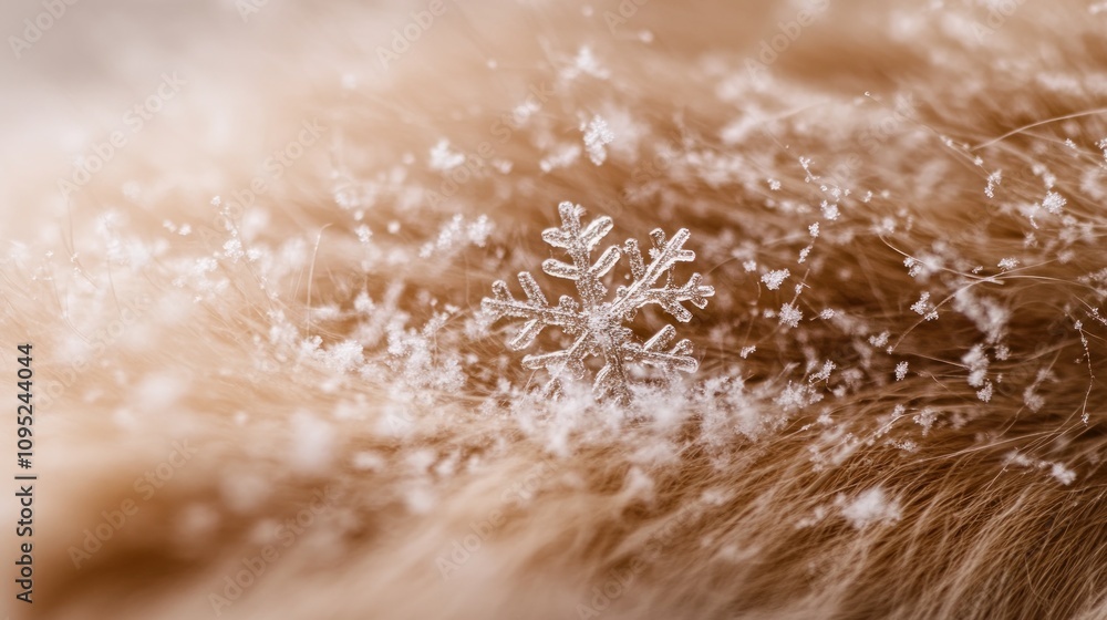 Poster a single snowflake resting on soft brown fur