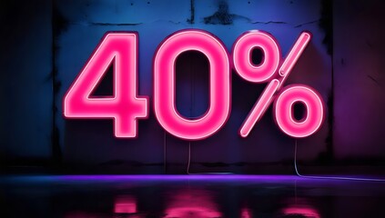 Bright neon pink 40% discount sign on dark wall, black friday, vibrant sale advertisement, eye-catching promotional offer, retail signage, marketing.
