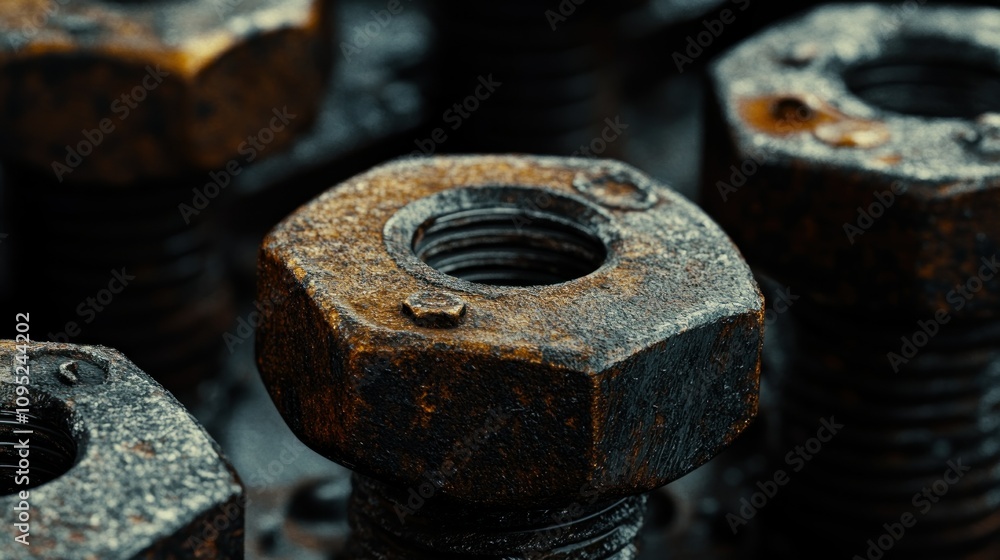 Aufkleber close-up of a rusty metal nut with hexagonal shape