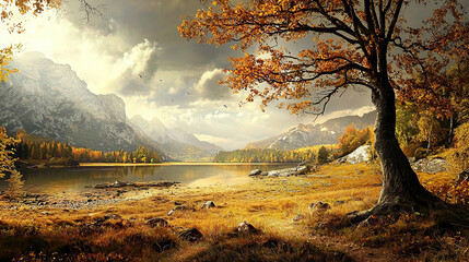 the cuntry, generative ai, landscape, architecture, curtoone, chasny house, background, art nouveau, city, skyline, skyscraper, building, water, lake, nature, autumn, river, sky, tree, reflection,