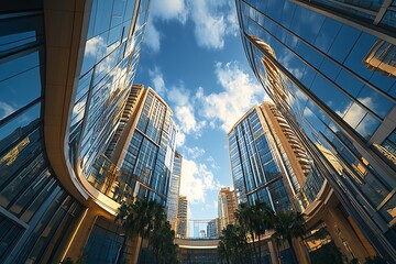 Fototapeta premium Urban Commuters Back View, Skyscrapers, Depth of Field