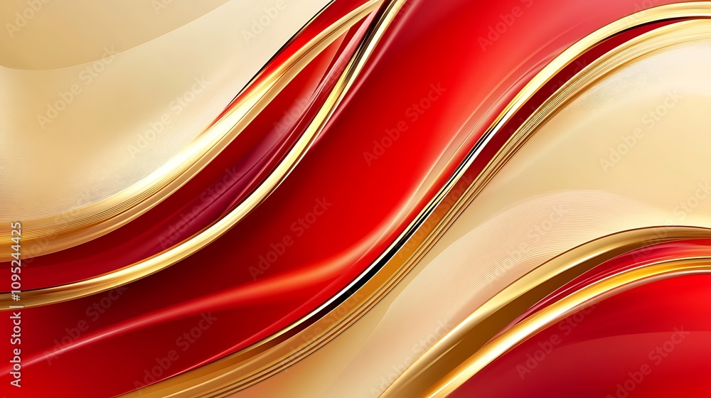 Poster a modern flat design with dynamic abstract shapes in red and gold, creating a polished and elegant b