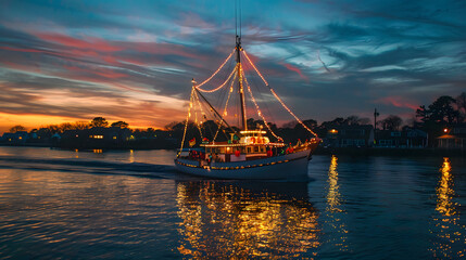 During the Patchogue Holiday Boat Parade, a boat decorated with Christmas lights and holiday characters, with various characters representing the day of Christmas

