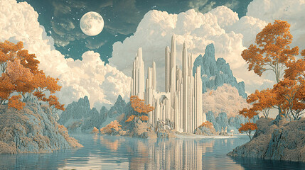 the cuntry, generative ai, landscape, architecture, curtoone, chasny house, background, art nouveau, city, skyline, skyscraper, building, water, lake, nature, autumn, river, sky, tree, reflection,