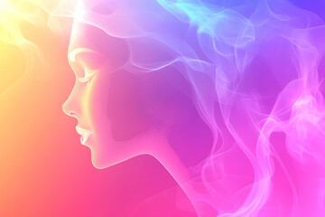 Fototapeta premium Serene female profile enveloped in vibrant, ethereal smoke; calming pastel rainbow colors, abstract portrait.