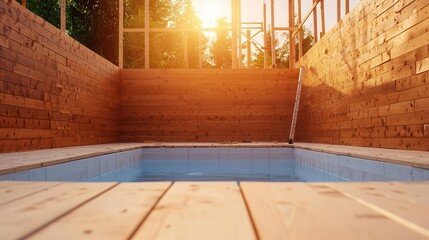 Backyard swimming pool under construction, wooden boards and scaffolding, construction equipment scattered around, sunny afternoon