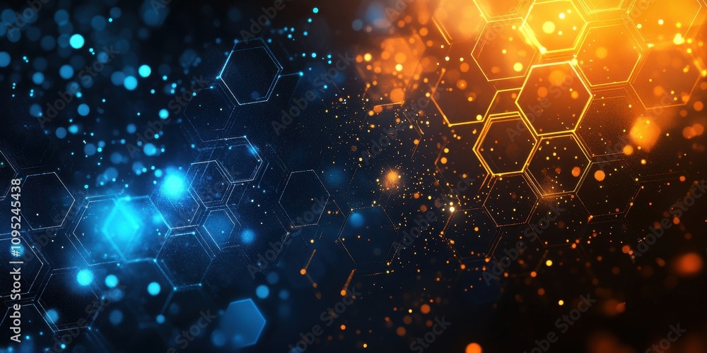 Poster abstract background with blue and orange lights and geometric hexagonal shapes for modern design pro