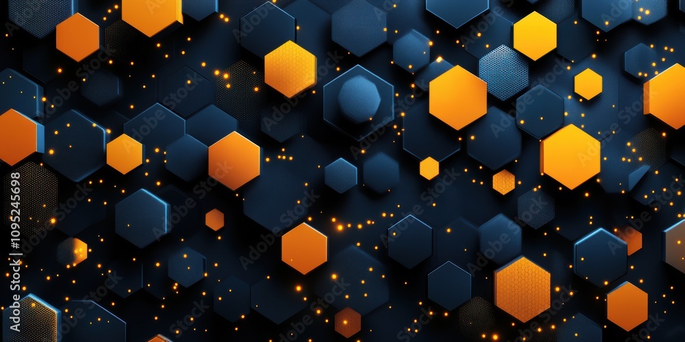 Poster abstract background with hexagonal shapes in blue and orange, featuring a modern design with glowing