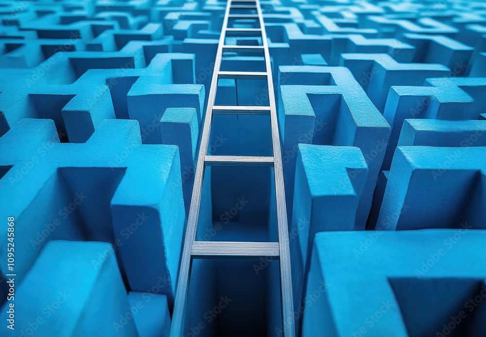 Poster abstract blue maze with ladder leading through complex pathways, symbolizing problem solving, creati