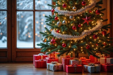 Festive christmas tree with gifts and ornaments by snowy window with copy space