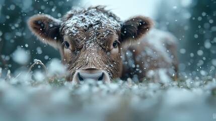 Naklejka premium Highland Cow in Snowy Field Winter Farm Animal Photography