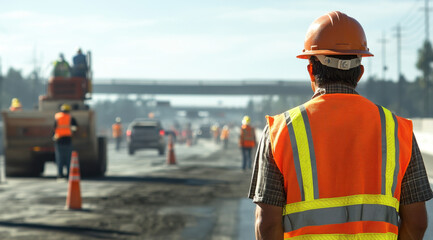 A worker in an orange vest and helmet stands in the foreground, looking at workers laying asphalt on the roadway