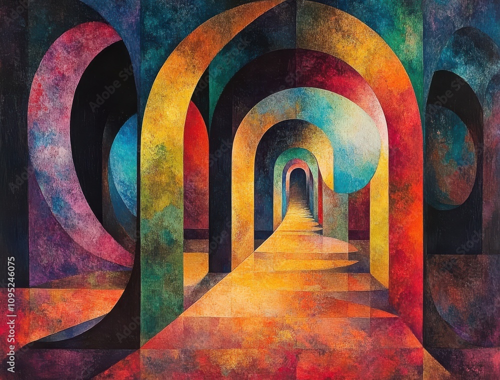 Poster abstract colorful arched pathway illustration featuring vibrant hues and intricate design creating a