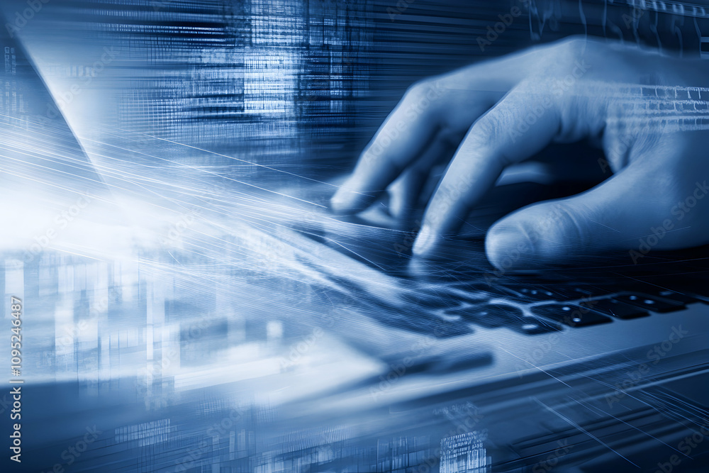 Poster close-up of hands typing on a laptop keyboard, overlaid with a digital code stream, suggesting data 