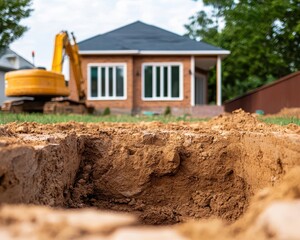 Obraz premium Excavated hole for a swimming pool, exposed soil, construction equipment onsite, suburban neighborhood, early afternoon