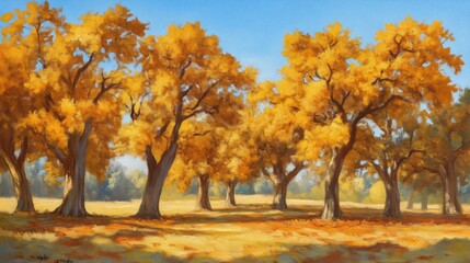 Naklejka premium Golden oak trees in a picturesque autumn landscape
