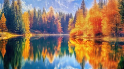Obraz premium Reflections of autumn colors on a serene lake with copy space