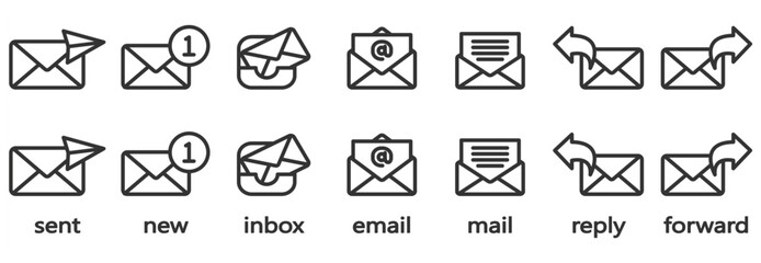 Email envelope icon vector illustration, sent mail, new mail, inbox, email, reply and forward mail. Email icon set in transparent background. Social media icon. Linear and flat mail icon set.