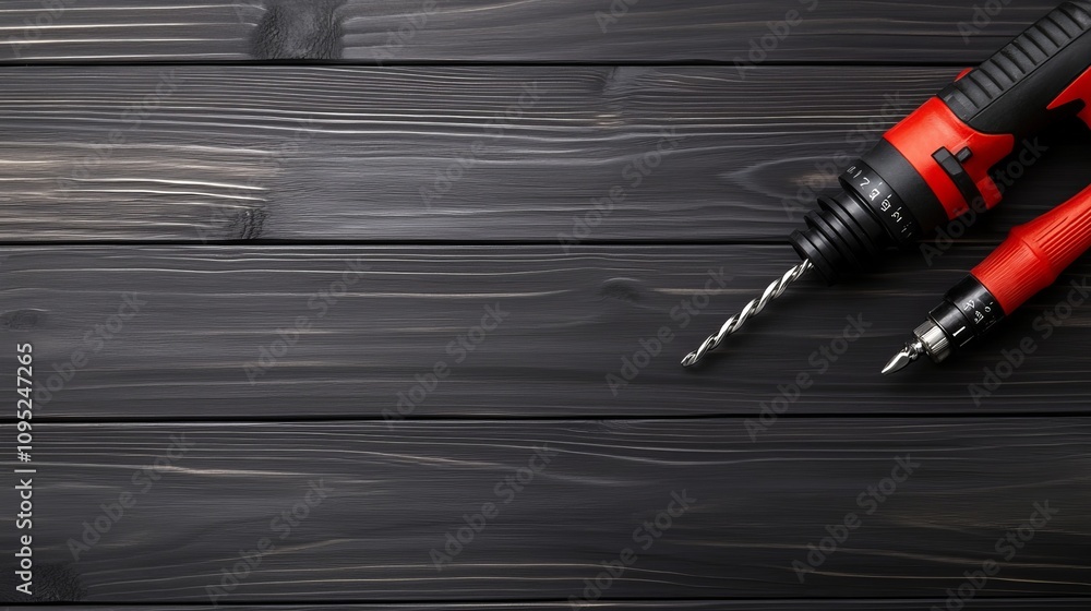Poster topdown view of a drill on a dark wooden surface empty space for text or design