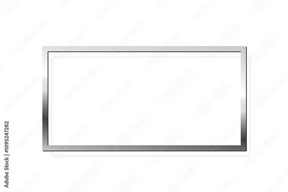 Poster silver rectangle photo frame on white background. steel square game button. blank space for picture,