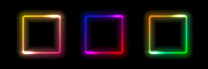 Neon glow light square frames. Abstract blurred rainbow light squares background. Colored laser bright round icons. Colorful geometric graphic vector set isolated on black.