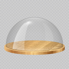 Glass dome with wooden tray. Transparent crystal bell, container, case, cover with round wood plate. Empty product display or showcase. Realistic vector illustration isolated on transparent background © Mariquita vector