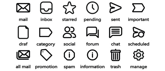 Simple flat icon of features in email, Email menu icon vector illustration, Email icon set in transparent background.