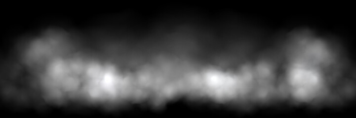 White fog or smoke cloud on black background. Realistic smoke effect vector illustration. Smoky mist, toxic vapor, meteorological phenomenon, condensation over land or water surface.