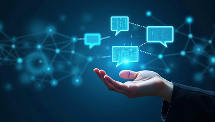 floating speech bubbles connected by digital lines on hand, Digital communication network, wireless communication