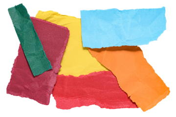 Stack of colorful crumpled wrinkled crushed pieces scraps, stripes or snippets of torn paper, isolated png transparent background design element