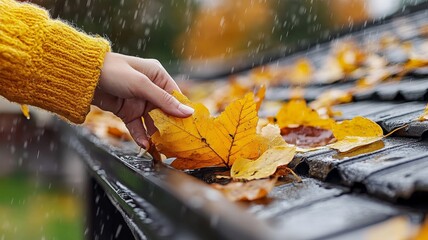 Hand is collecting leaves from the rain gutter