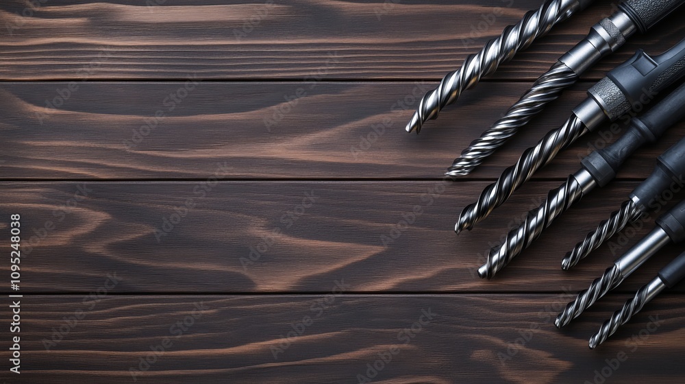 Poster topdown view of a drill on a dark wooden surface empty space for text or design