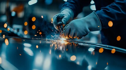 Welder in a workshop using a welding machine on a car part vibrant orange sparks and scattered tools in the background