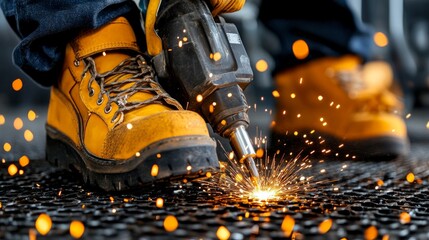 Welder in a workshop using a welding machine on a car part vibrant orange sparks and scattered tools in the background