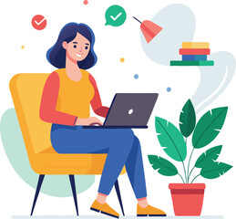 a girl is using his laptop vector