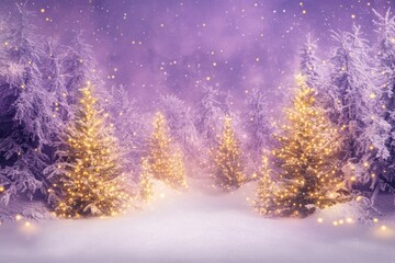 Golden Christmas Tree Forest Purple Christmas Background