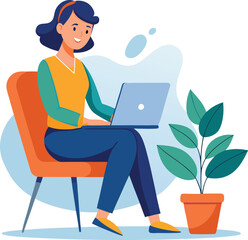 a girl is using his laptop vector