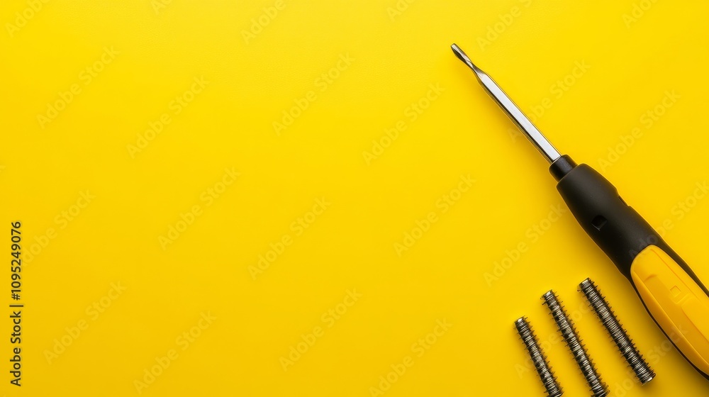 Poster yellow and black screwdriver displayed on a yellow background with a set of bits offering contrast a