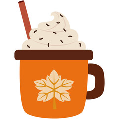 orange coffee cup drink with whipped cream, cinnamon stick and chocolate sprinkle, flat vector fall drink illustration 