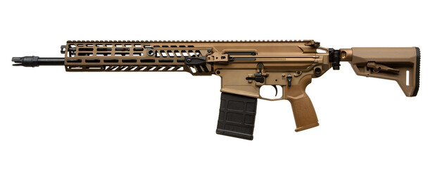 Semi-automatic .308 caliber carbine with a modern tactical design, featuring a bronze-colored finish, adjustable stock, ergonomic grip, and a Picatinny rail system. Isolate on white back.