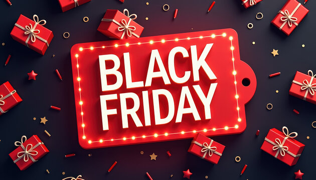A lively Black Friday tag design featuring gifts and vibrant colors, ideal for holiday shopping promotions.