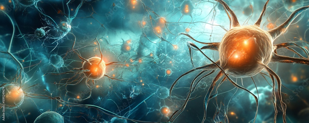 Poster Neurons sending signals through neural network, synaptic transmission