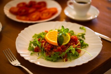 Garnished tuna tartare on a white plate, topped with arugula, orange, lime, and mint; wooden table, breakfast items nearby.