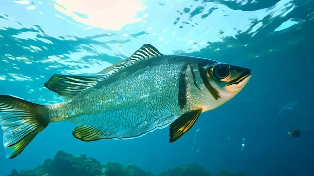 A silver and yellow fish swims gracefully through a vibrant coral reef.