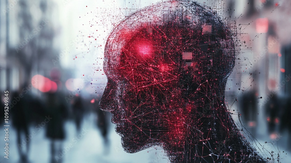 Aufkleber Artificial intelligence forming from data network in urban setting