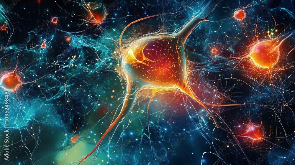 Poster Neurons firing and transmitting signals in the brain, neural network communicating