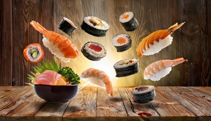 Sushi food on the table, delicious asian cooking, fusion sashimi