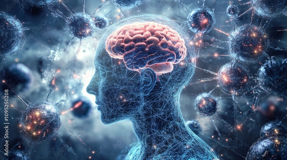 Poster Human brain connected to neural network generating ideas and thoughts
