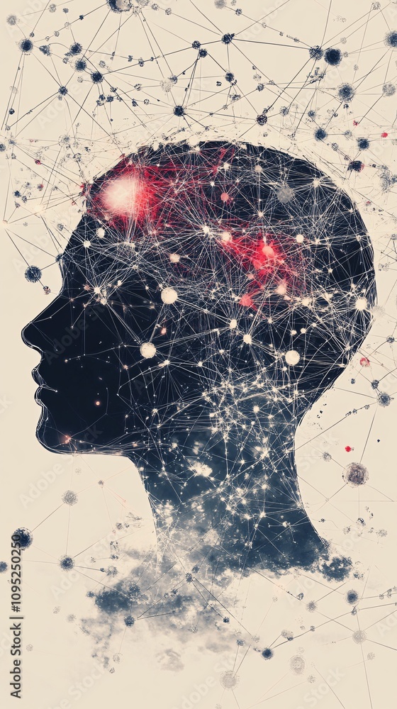 Poster Human head silhouette with network connections and data points representing artificial intelligence and machine learning