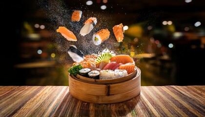 Sushi food on the table, delicious asian cooking, fusion sashimi